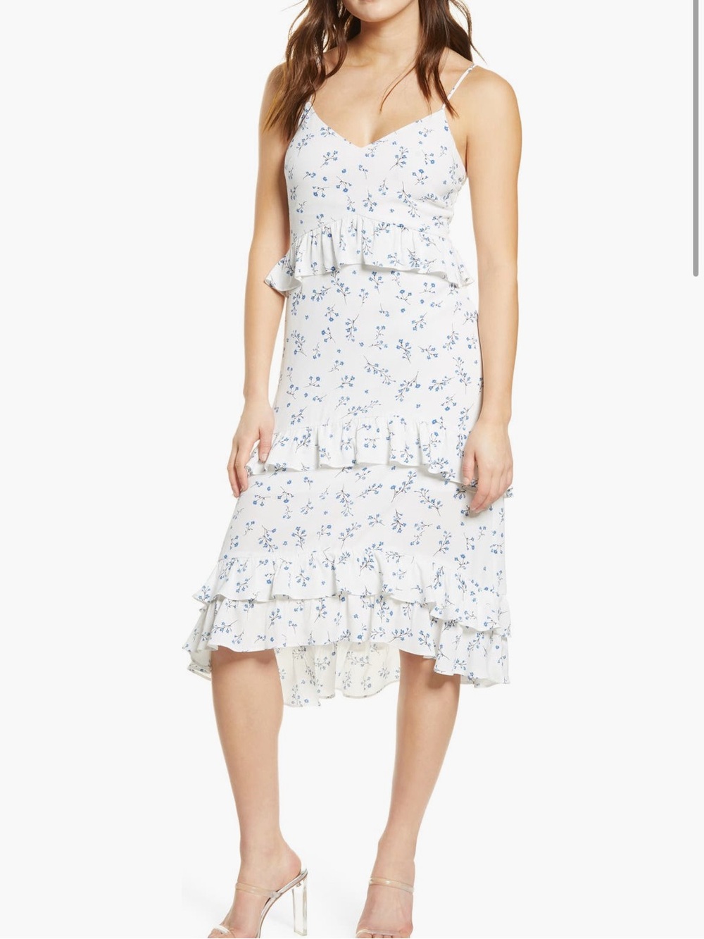 Nordstrom Row A White Midi Dress with Blue Floral Print and Ruffled Tiers